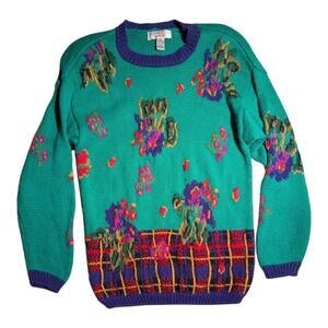 Vtg 1990s Cambridge Sports Club Turquoise Floral Intarsia Knit Sweater Sz M